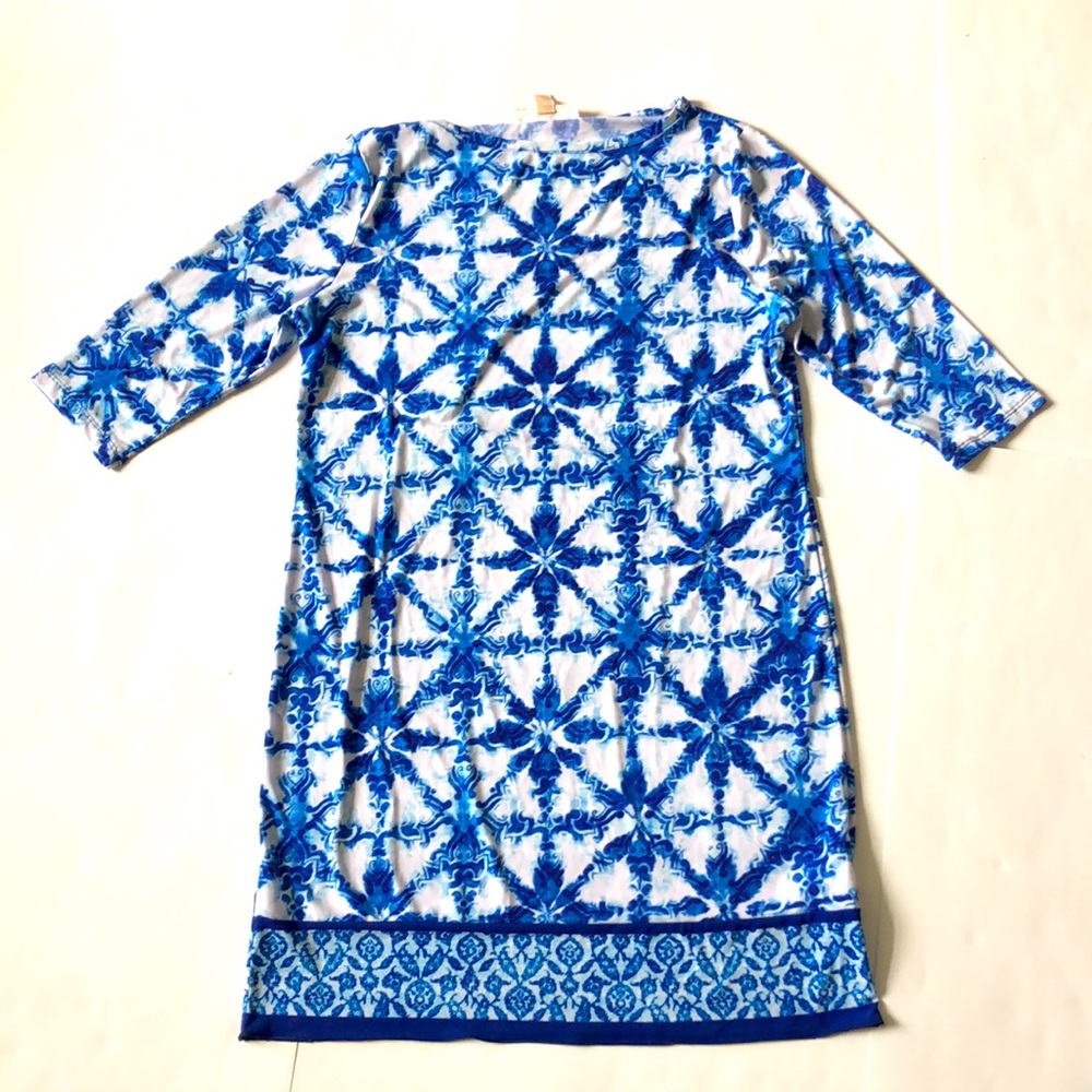 Michael Kors L Blue White Dress 3/4 sleeve print Excellent Condition